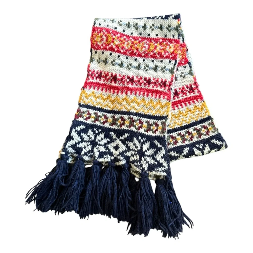 Old Navy Fair Isle Multicolor Knit Scarf 9”X 72” Navy Red Yellow Wool Nordic